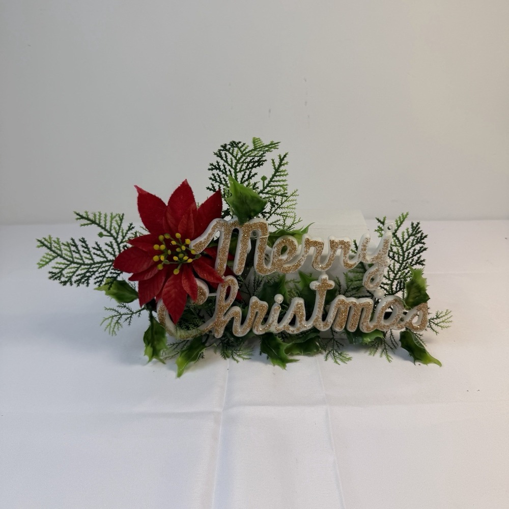 Vintage Kitsch XMas Soft Plastic Merry Christmas Sign‎ Decor Figure Holly Flower